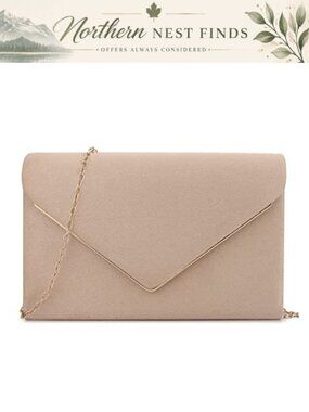 Faux Suede Pleated Clutch Evening Bag with Gold Chain Strap for Wedding Party